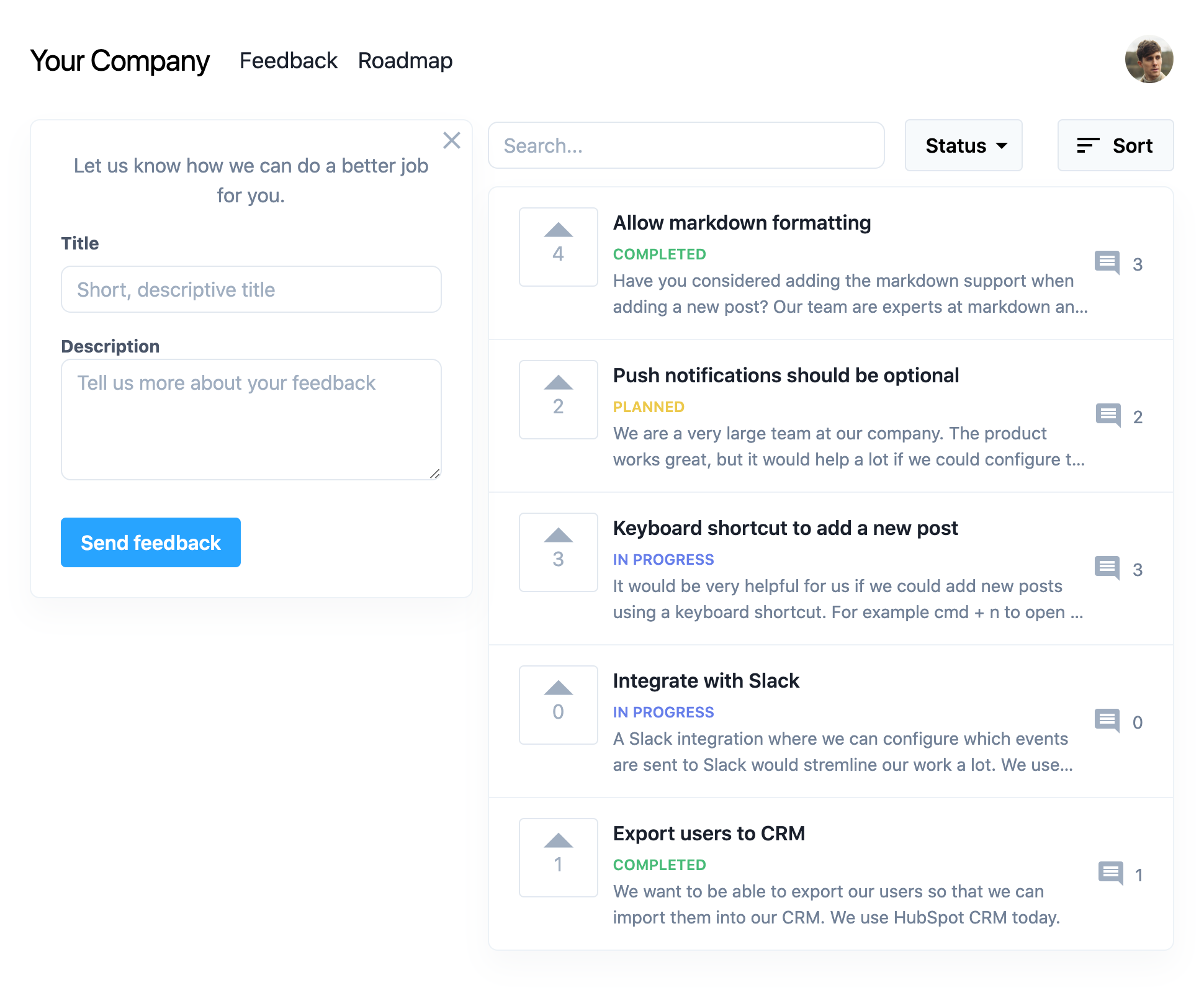 Product feedback page where customers can share, discuss and upvote feature requests.