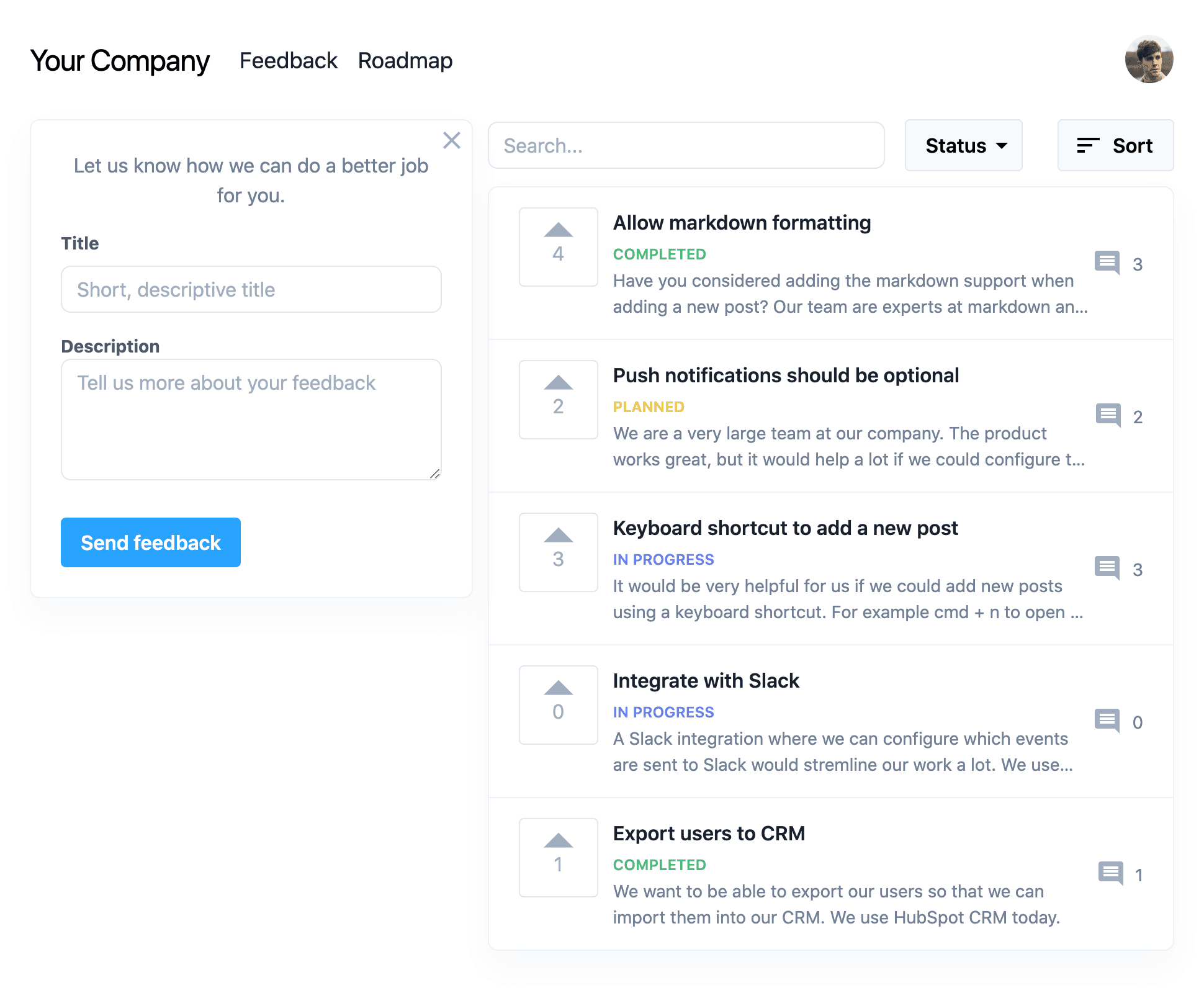Product feedback page where customers can share, discuss and upvote feature requests.