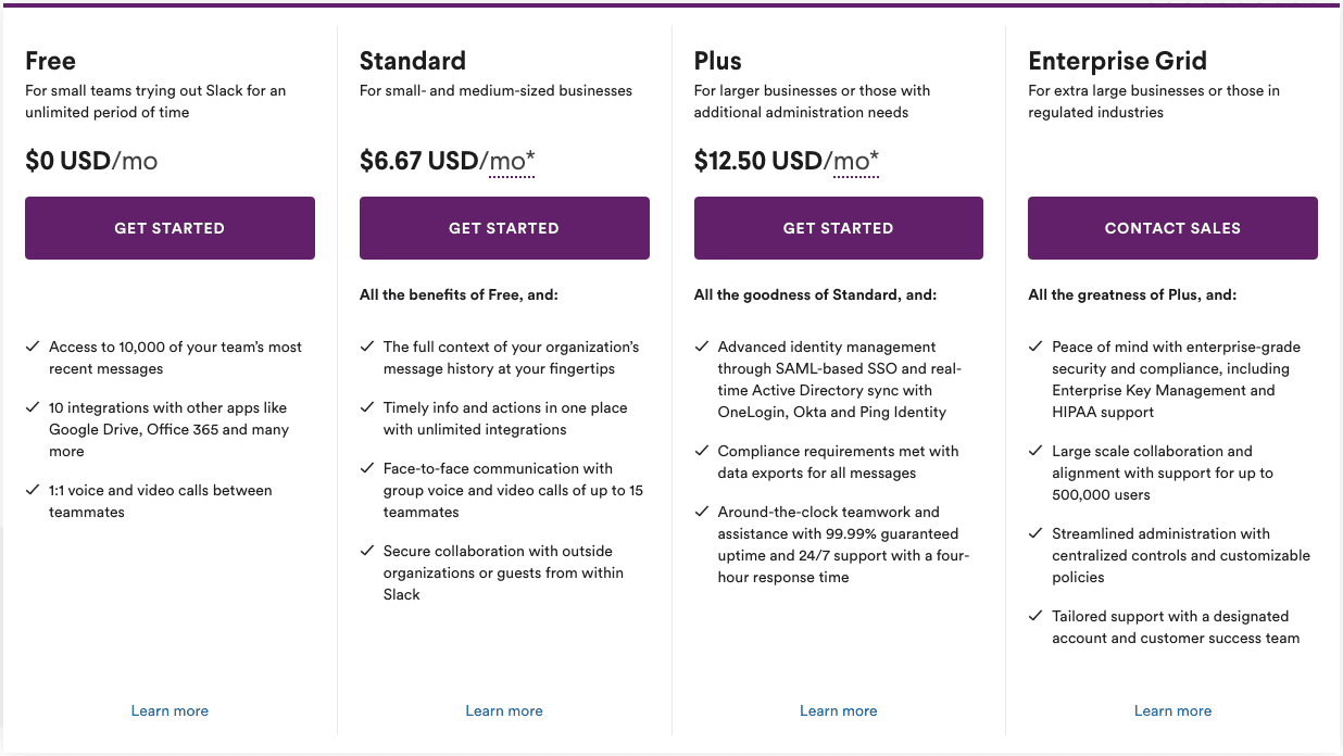 Slack pricing