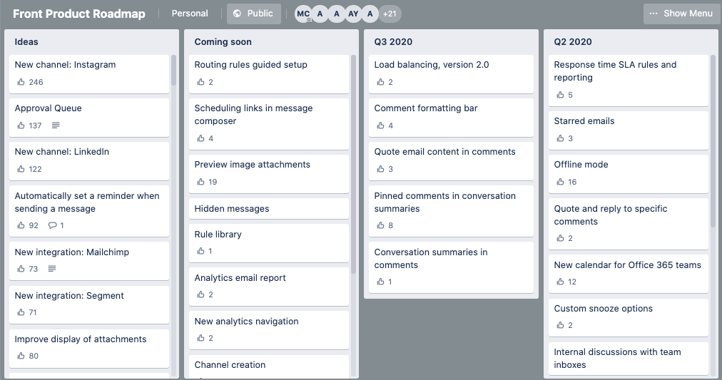 Front's public product roadmap with timeline