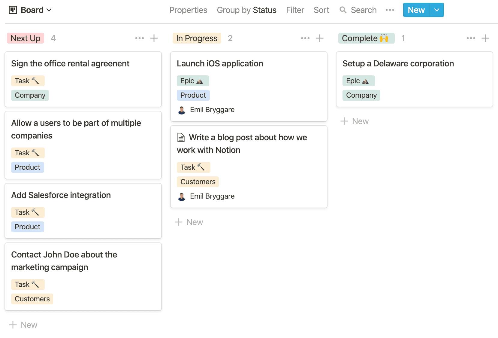 Screenshot of what the Notion board-view looks like. It's a kanban board of tasks on the board page.