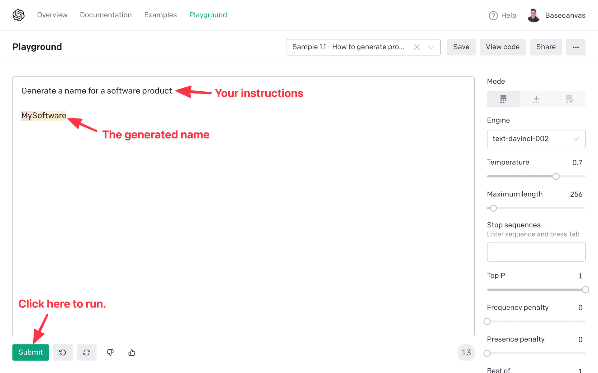 Using Open AI playground to generate unique and catchy product names.